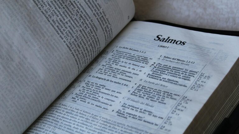 Spanish Bible opened to the Psalms, highlighting religious scripture.
