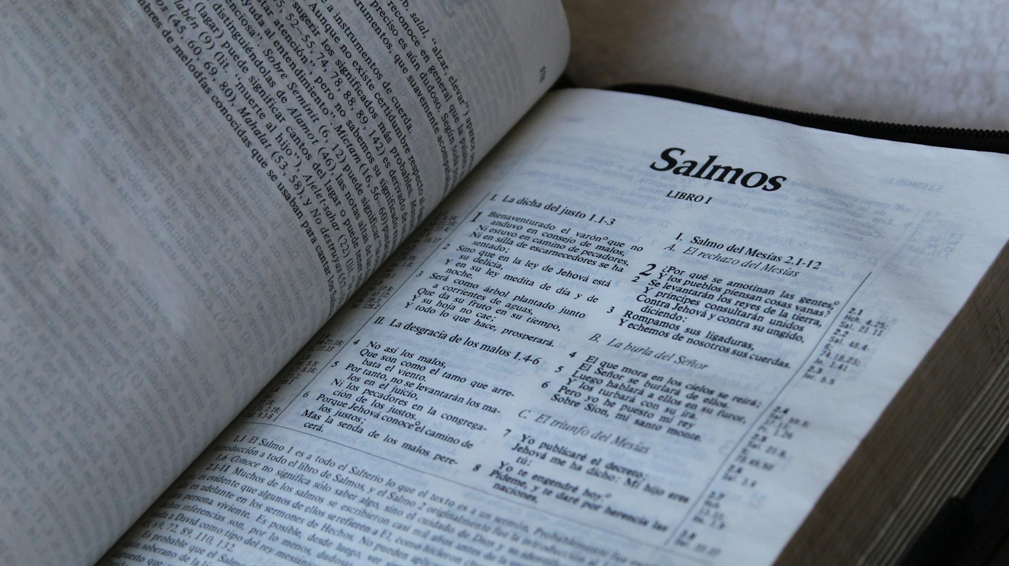 Spanish Bible opened to the Psalms, highlighting religious scripture.